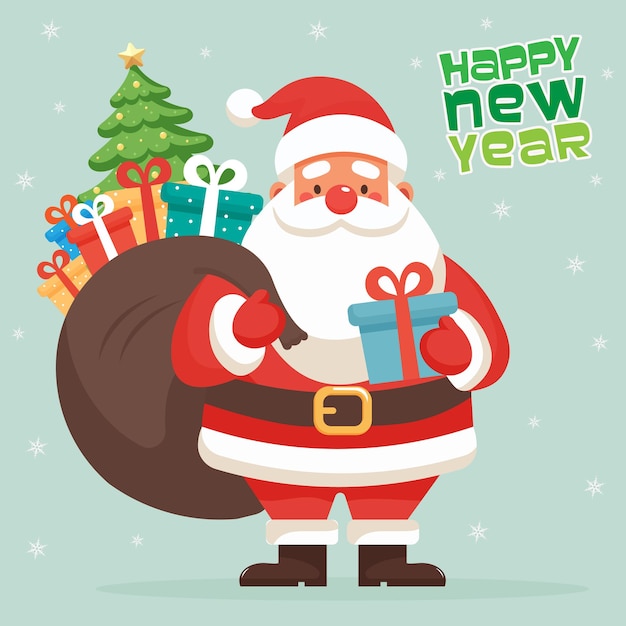 Papá Noel con una bolsa de Navidad presenta una ilustración vectorial plana
