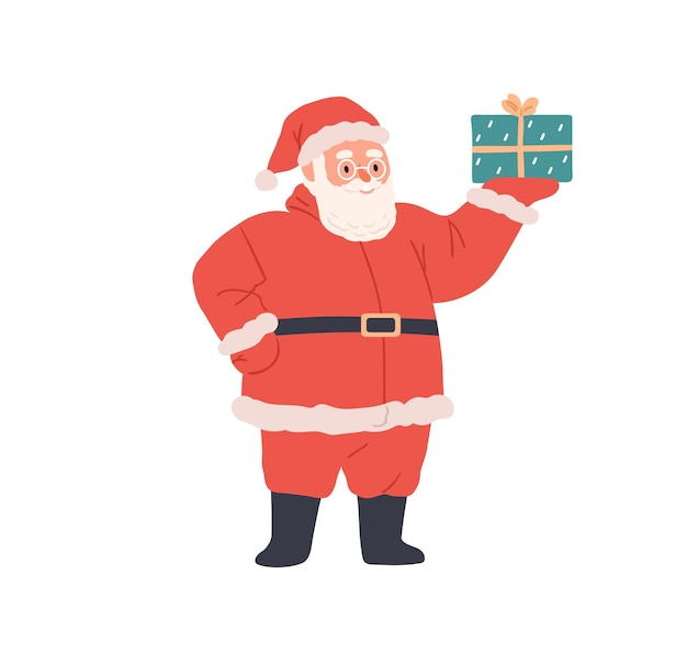 Papá noel con caja de regalo en la mano. feliz retrato de personaje barbudo. viejo con sombrero rojo y gafas con regalo de navidad para las vacaciones de invierno. ilustración de vector plano aislado sobre fondo blanco