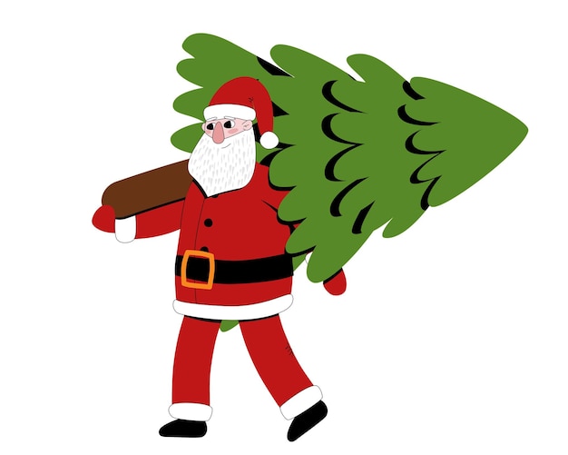 Papá Noel cargando un árbol de Navidad.