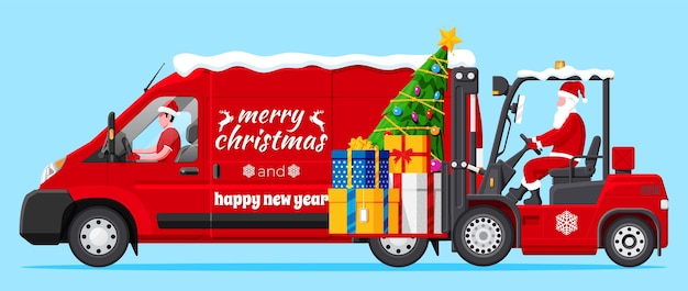 Papá Noel en carretilla elevadora roja cargada con un montón de cajas de regalo y camionetas, regalos de Navidad, entrega y envío, feliz año nuevo, feliz Navidad, vacaciones, año nuevo y Navidad, ilustración vectorial plana