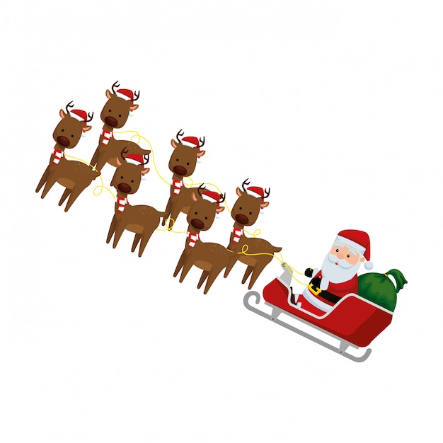 Papá Noel en carruaje y reno volando.