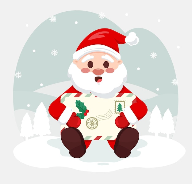 Vector papá noel con una carta de navidad, san nicolás se sienta en la nieve blanca, ilustración de navidad
