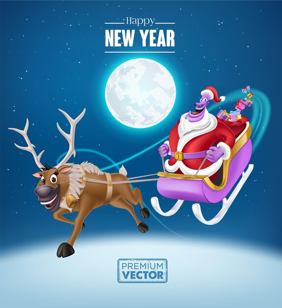 Papá Noel con ciervos y trineo entregando regalos cielo nocturno estrellas luna feliz año nuevo