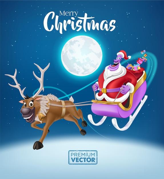 Papá Noel con ciervos y trineo entregando regalos cielo nocturno estrellas luna Feliz Navidad