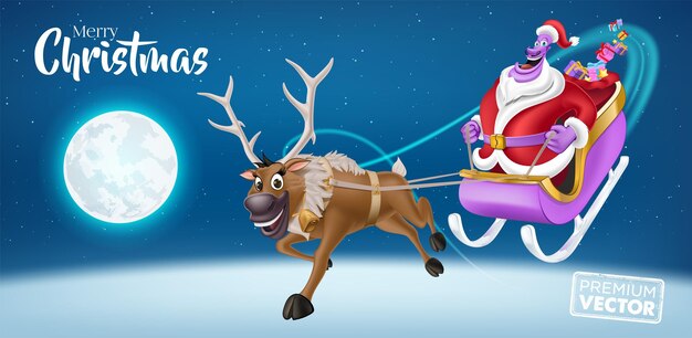 Papá Noel con ciervos y trineo entregando regalos cielo nocturno estrellas luna Feliz Navidad