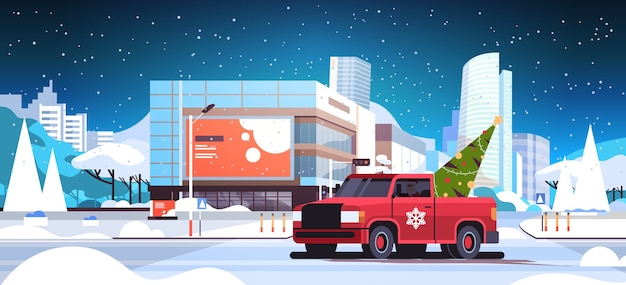 Papá noel conduciendo un coche rojo con abeto feliz navidad vacaciones de invierno concepto de celebración calle de la ciudad moderna paisaje nevado horizontal ilustración vectorial plana