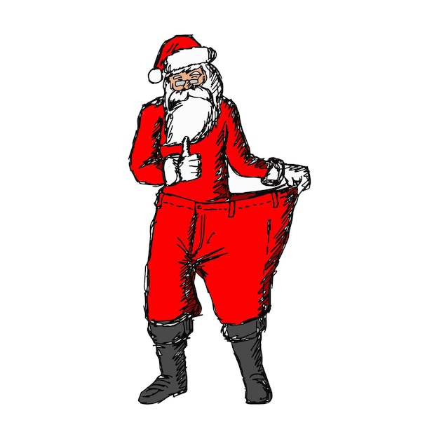 Papá Noel delgado con pantalones sueltos rojos que muestran los pulgares hacia arriba dibujo de ilustración vectorial dibujado a mano