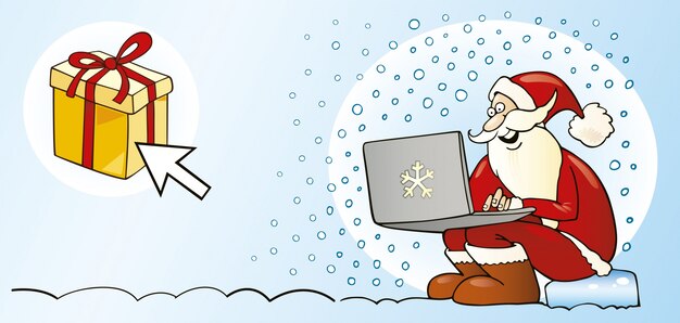 Papá Noel con dibujos animados de computadora portátil