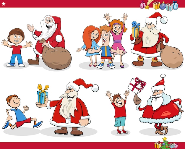 Papá Noel de dibujos animados dando regalos de Navidad a los niños
