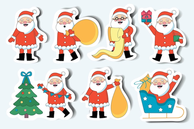 Papá Noel en diseño de dibujos animados. Adorable formato de pegatina con lindas cláusulas navideñas de Papá Noel.