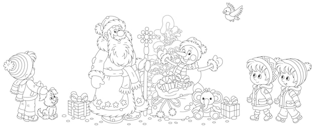 Papá Noel y un divertido muñeco de nieve con un abeto de Navidad y una bolsa mágica de regalos navideños para niños pequeños