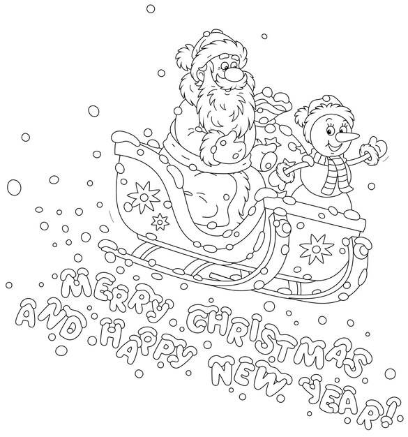 Papá Noel y un divertido muñeco de nieve de juguete con una bolsa mágica de regalos navideños bajando en trineo por una colina nevada