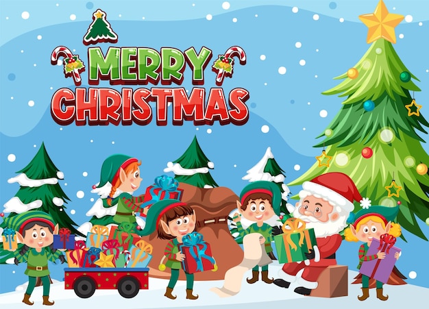 Papá Noel y duendes entregan regalo para Navidad