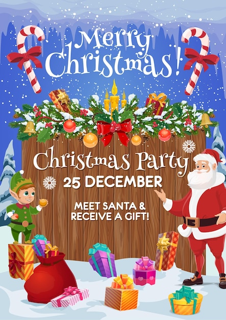 Papá Noel y elfo con regalo de Navidad Tarjeta de fiesta de Navidad