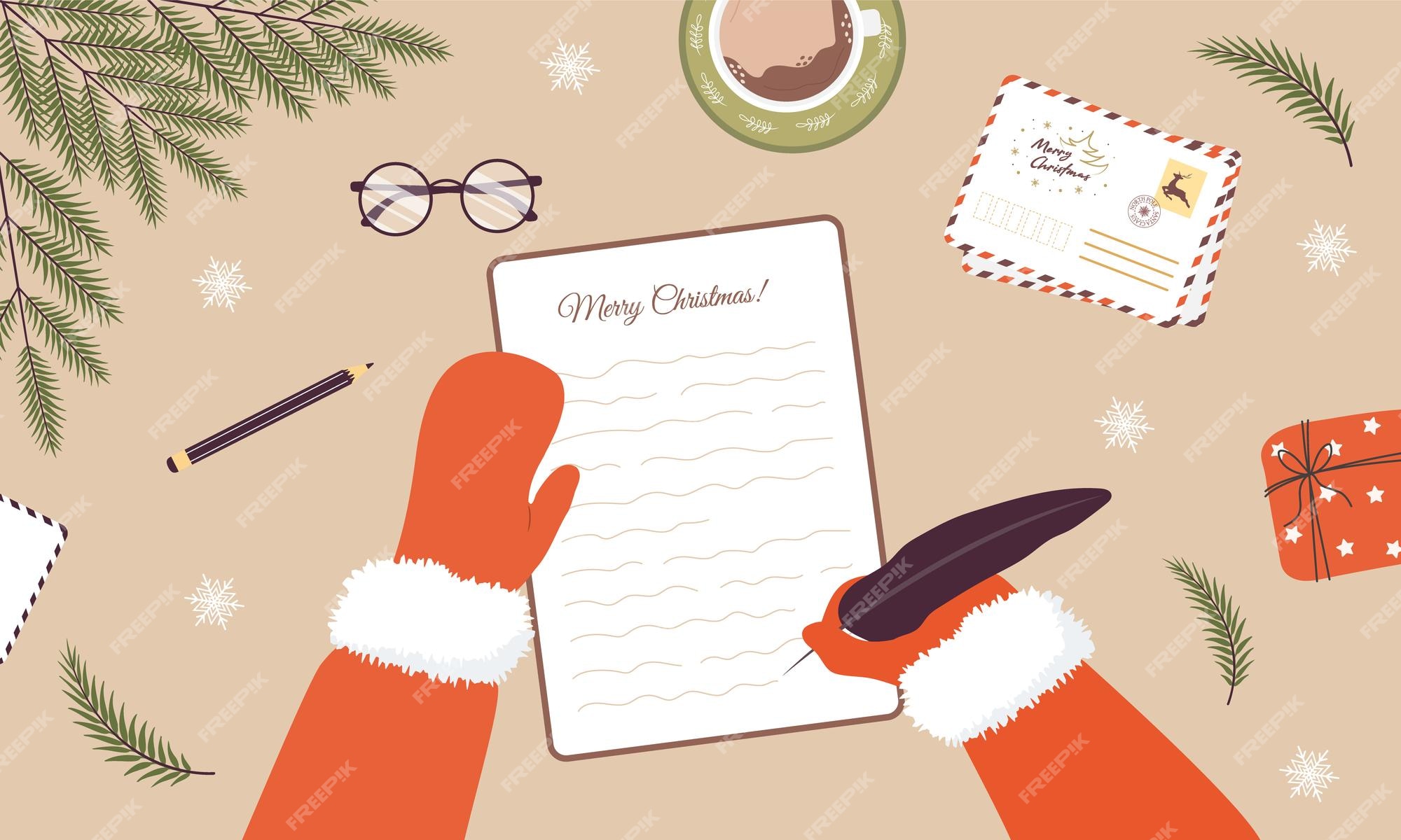 Papá noel escribe una carta de navidad a los niños deseos de vacaciones de invierno vista superior del lugar de trabajo página de la hoja del cuaderno en el escritorio ilustración vectorial Papá noel escribe una carta de navidad a los niños deseos de vacaciones de invierno vista superior del lugar de trabajo página de la hoja del cuaderno en el escritorio ilustración vectorial