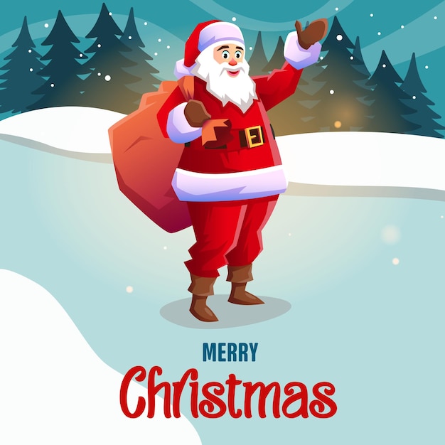Papá Noel está en el fondo del bosque saludándonos con su mano derecha La inscripción en la parte inferior dice Feliz Navidad Alegría navideña