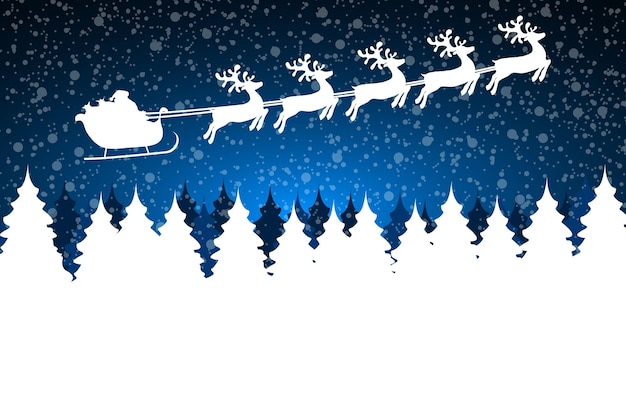 Papá Noel está volando con un equipo de renos en el bosque con árboles de Navidad