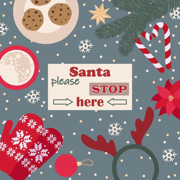 Papá noel, por favor, detente aquí para saludar la tarjeta de navidad con el árbol de navidad y los regalos. | Vector Premium