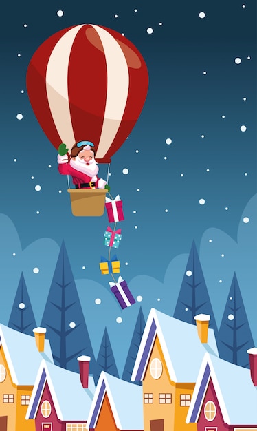 Papá Noel en un globo aerostático tirando los regalos sobre las casas en la noche nevada, colorido, ilustrando