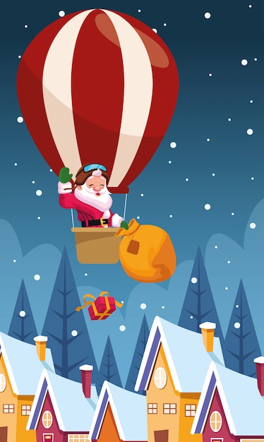 Papá noel en un globo de aire caliente arrojando cajas de regalo sobre casas y noche de invierno, colorido, ilustración