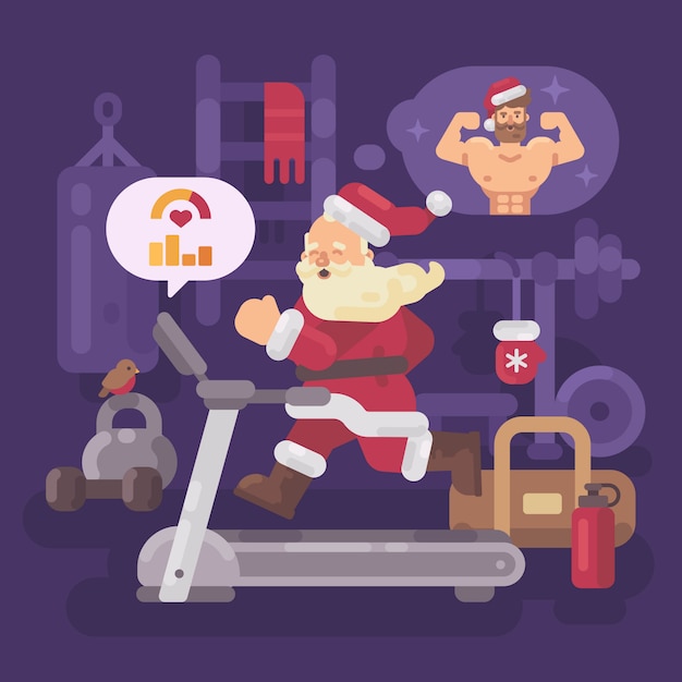 Papá noel haciendo ejercicio y poniéndose en forma para navidad.