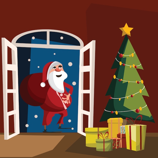 Papá noel en la ilustración de vector de puerta