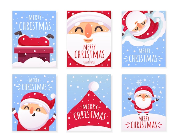 Papá Noel imprime tarjetas Feliz Navidad y Año Nuevo pancartas y portadas diseño Fiestas de invierno personajes divertidos y nevadas carteles vectoriales actuales