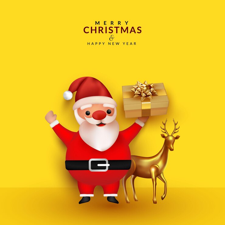 Papá Noel lindo que sostiene la caja de regalo y la ilustración de los ciervos