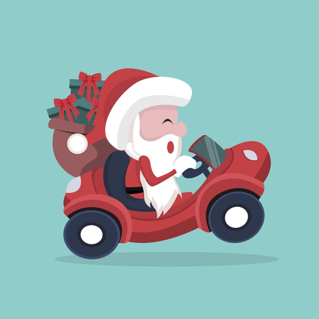 Papá Noel llevando regalos en su carro.