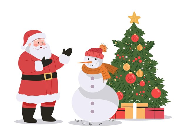 Papá Noel con el muñeco de nieve y el árbol de Navidad escena festiva con regalos muñeque de nieve con bufanda y sombrero decorado