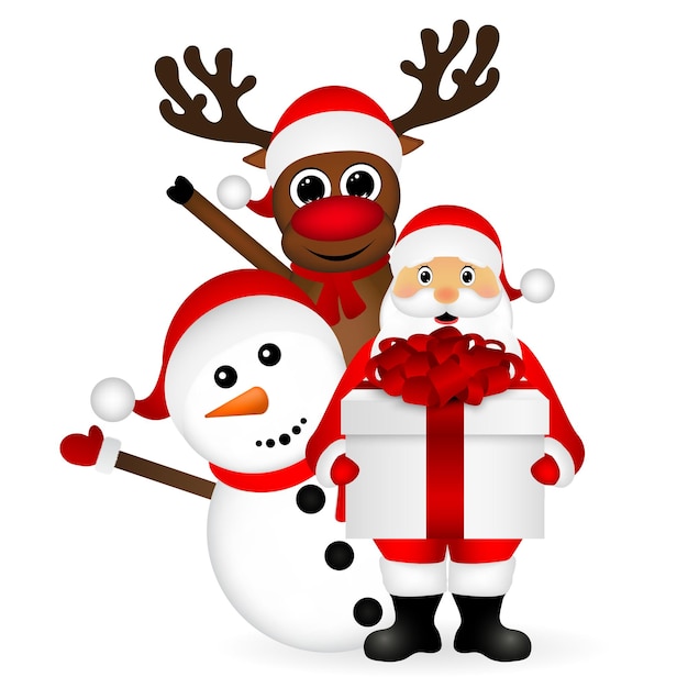 Papá Noel con muñeco de nieve y dibujos animados de renos con un regalo