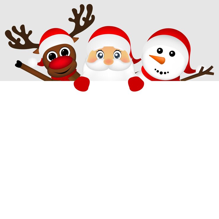 Vector papá noel con muñeco de nieve y renos asomándose detrás de un gran cartel blanco