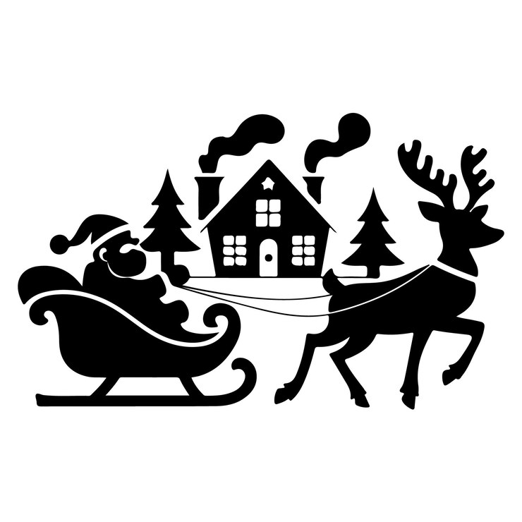Papá Noel negro y blanco y un reno con una casa