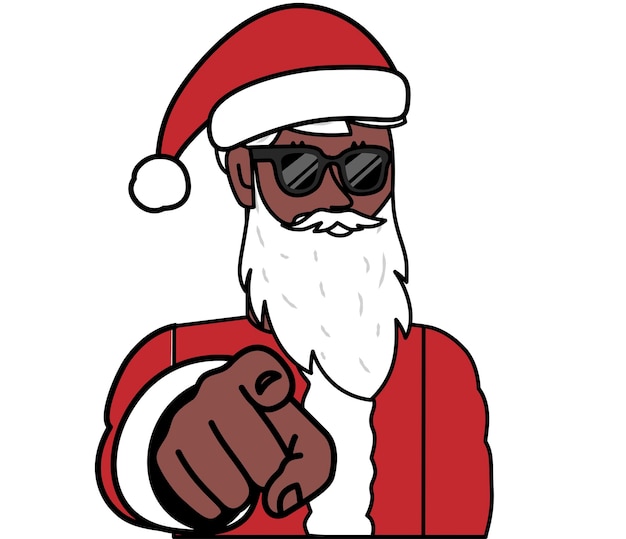 Papá Noel negro con gafas apuntando su dedo hacia adelante llamada a la acción