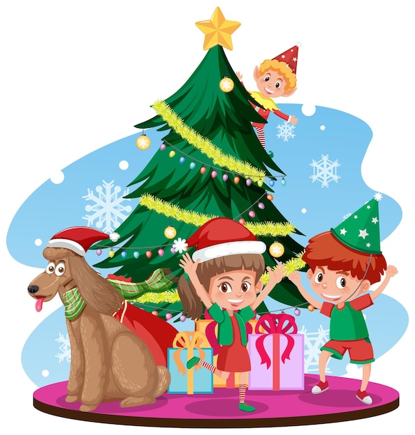 Vector papá noel con niños felices y árbol de navidad