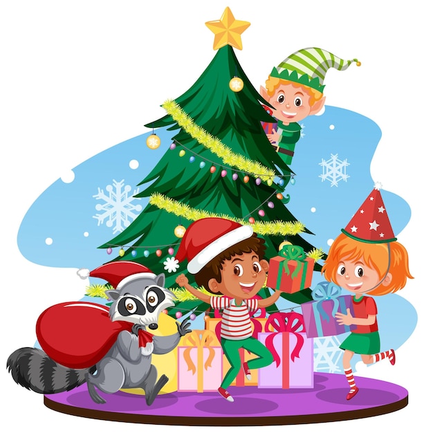 Vector papá noel con niños felices y árbol de navidad