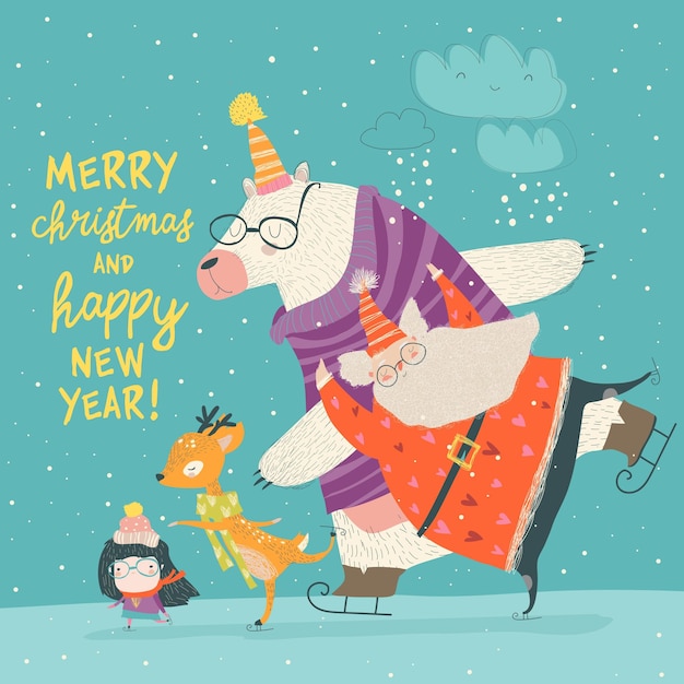 Papá Noel patinando con un ciervo oso y una niña