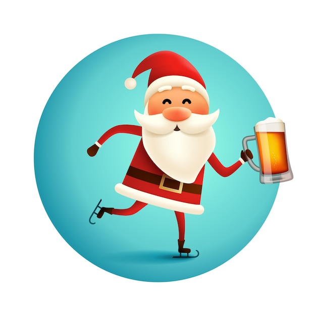 Vector papá noel patinando con una taza de cerveza artesanal en la mano carácter de año nuevo tarjeta de felicitación o cartel de navidad