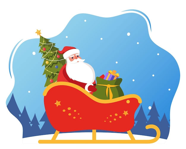 Papá Noel con regalos y árbol de Navidad en el trineo Ilustración vectorial de tarjetas de felicitación de Navidad