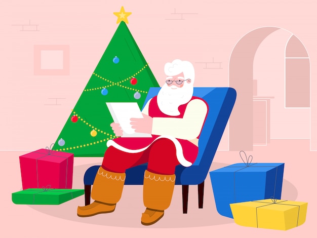 Papá Noel con regalos cerca del árbol de Navidad