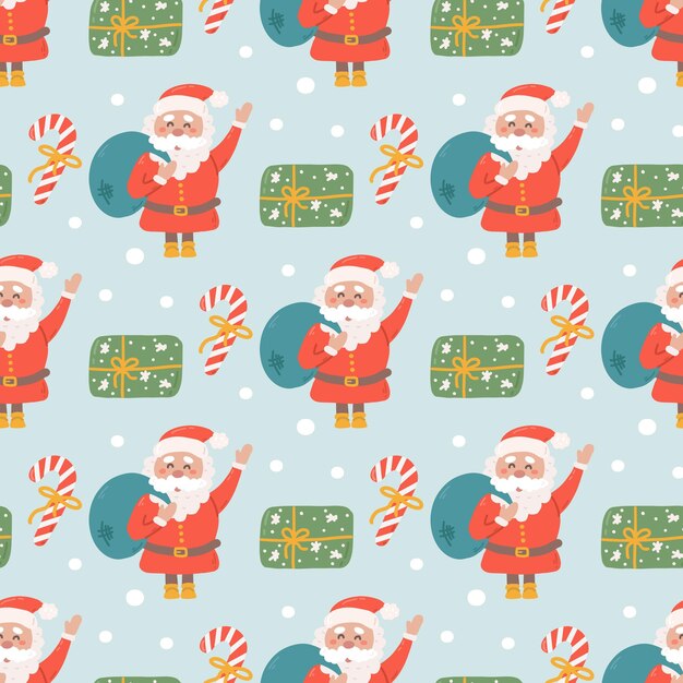 Papá Noel con regalos y dulces vector patrón de Navidad sin costuras