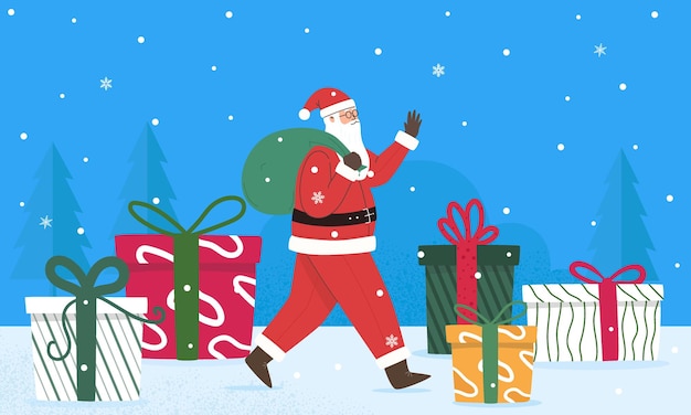 Papá noel con regalos feliz navidad feliz año nuevo vacaciones de invierno ilustración