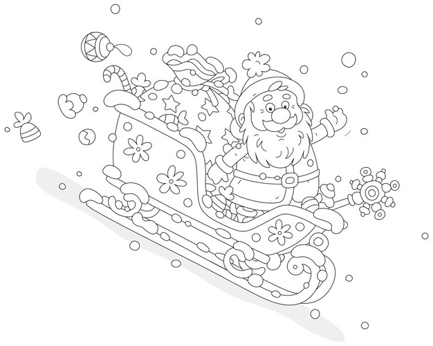 Papá Noel con regalos de Navidad en su trineo mágico deslizándose por una colina nevada