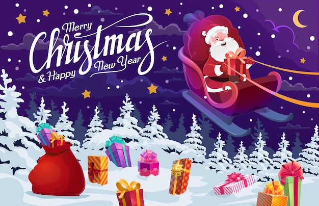Papá Noel con regalos de Navidad volando en trineo de ciervos
