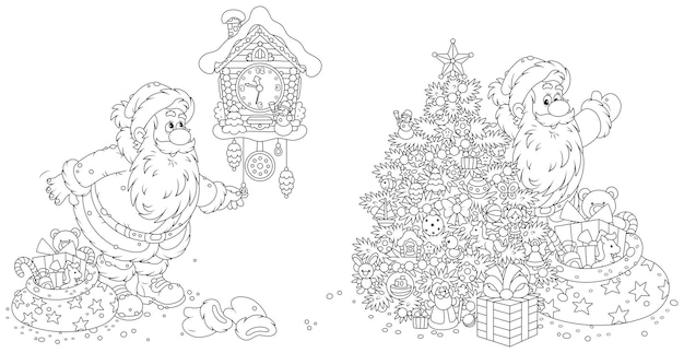 Papá Noel con regalos navideños, un árbol de Navidad decorado y un divertido reloj de cuco