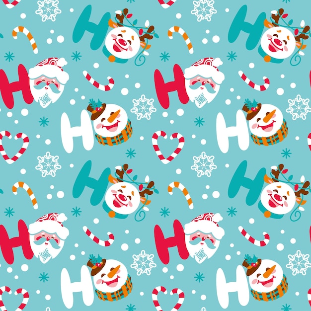 Vector papá noel, reno y muñeco de nieve, estampado infantil con letras ho ho ho