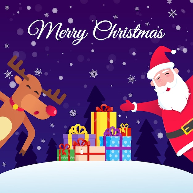 Papá Noel y el reno navideño de nariz roja y les desean una feliz navidad y un próspero año nuevo.