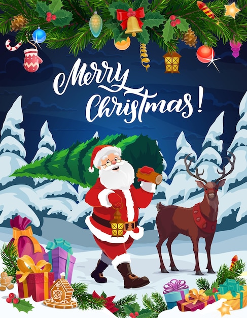 Papá Noel con renos de árbol de Navidad y regalos de Navidad