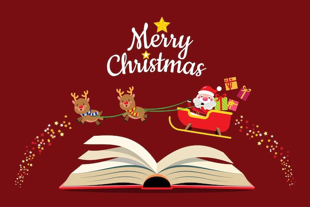 Papá Noel y renos conducen un trineo para enviar regalos de Navidad a los niños de todo el mundo. Elemento de recorte de feliz Navidad para tarjetas navideñas, invitaciones y decoración de celebración de sitio web