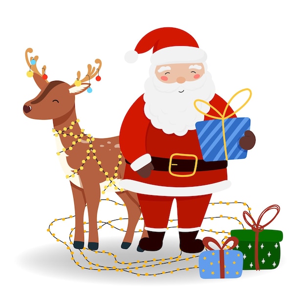 Papá Noel con renos y regalo en estilo plano aislado para diseños navideños publicidad de portada de banner